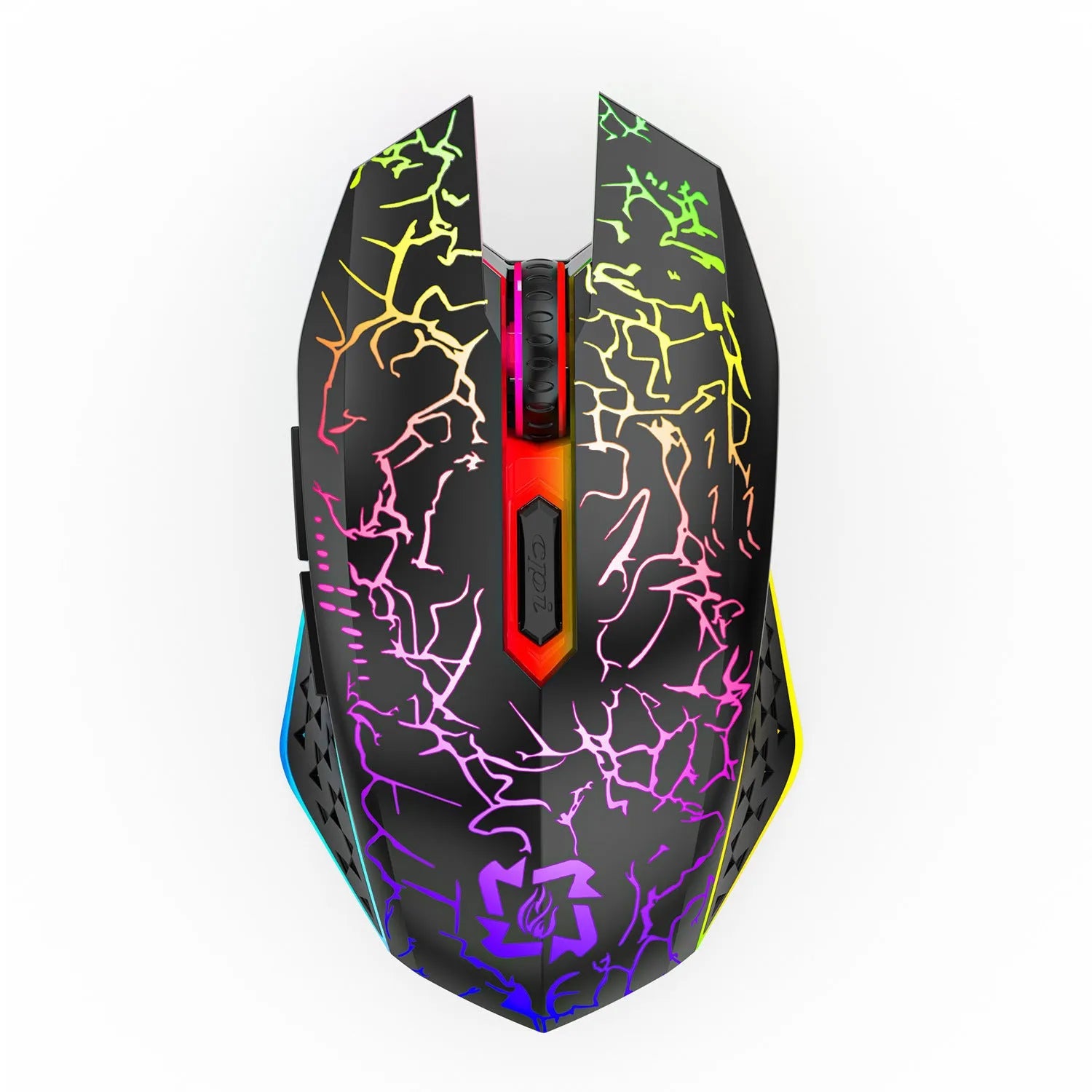 Black and white dual-mode wireless gaming mouse with luminous breathing light on desktop