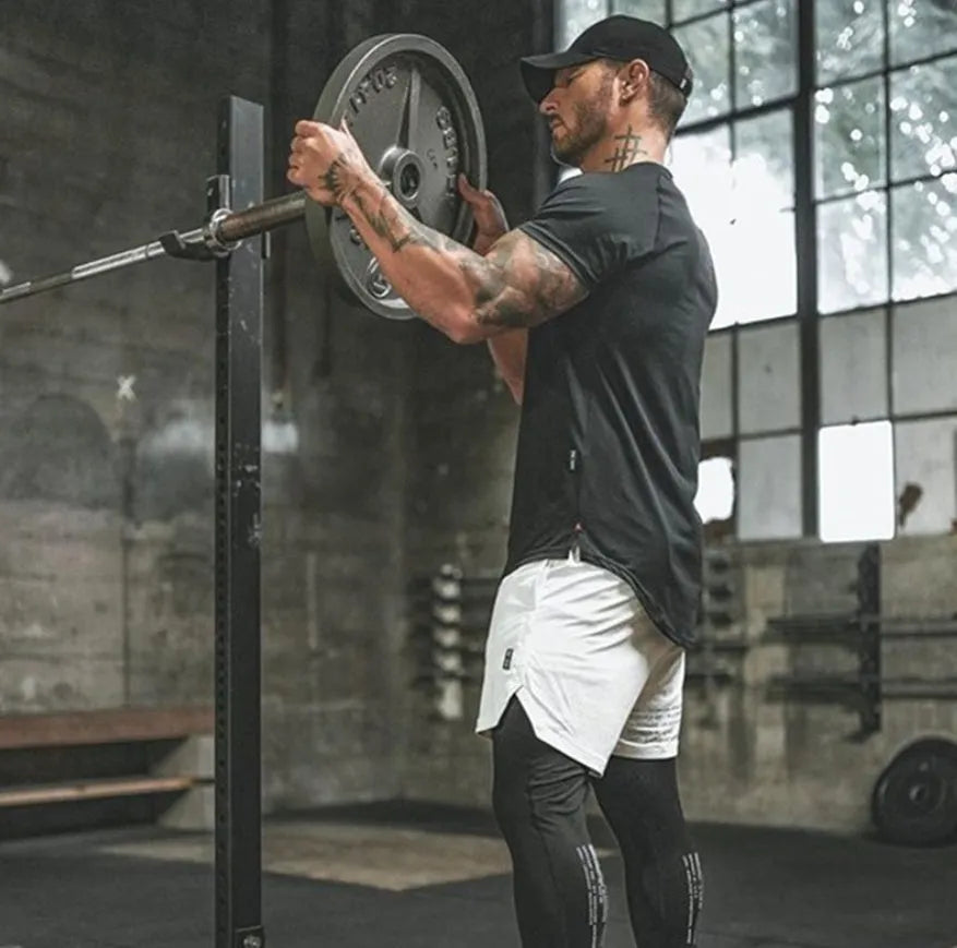 Men's plain custom gym shirt in cotton spandex blend, shown in Army Green, Black, and White colour options.