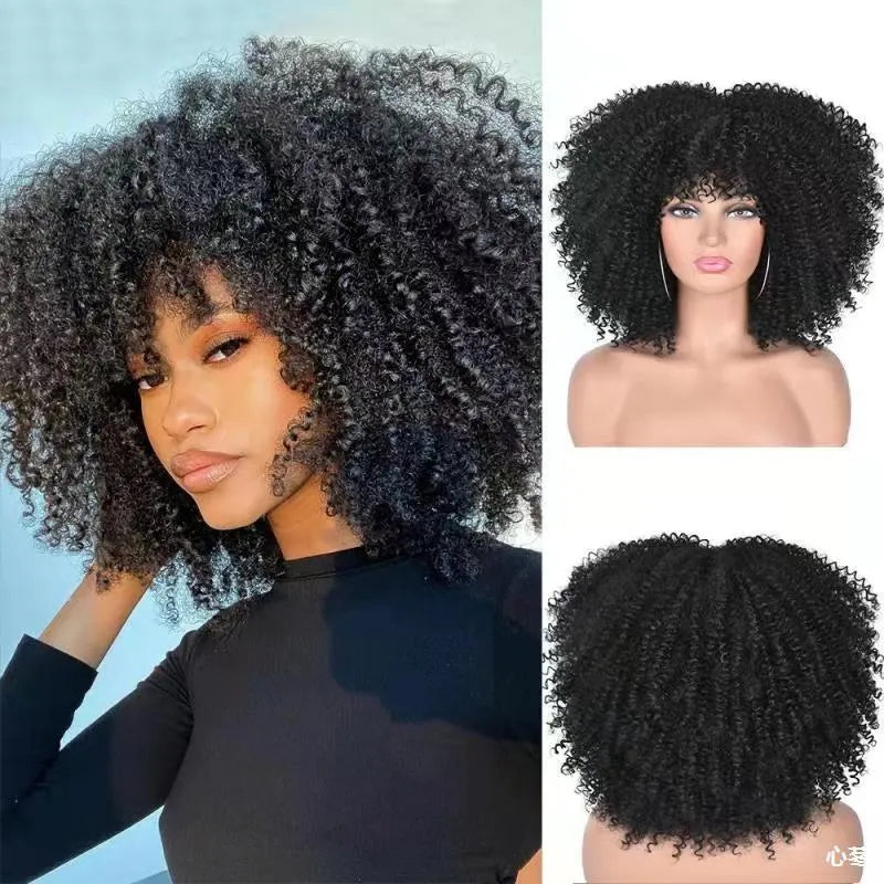 African small curly hair afro wig headgear in high temperature silk with bangs, colour 1B/30