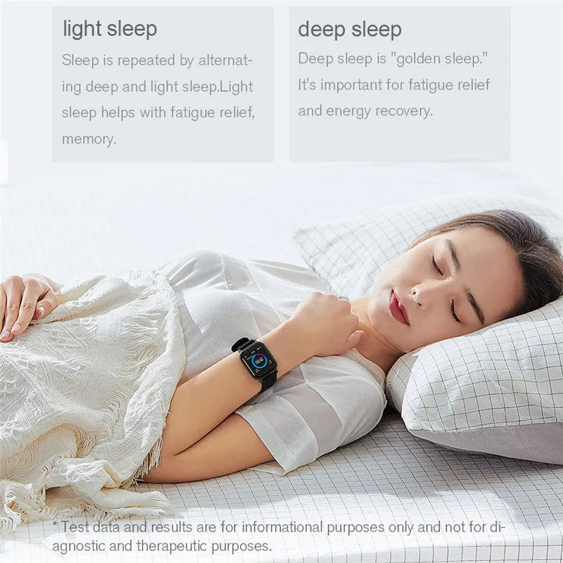 Black waterproof smart fitness bracelet with a 1.4-inch touchscreen on a silicone wristband.