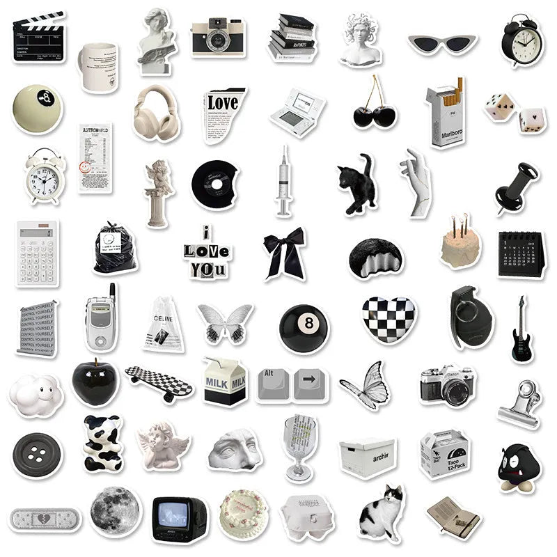Black and white PVC waterproof sticker set with 61 pieces for laptop phone luggage customisation