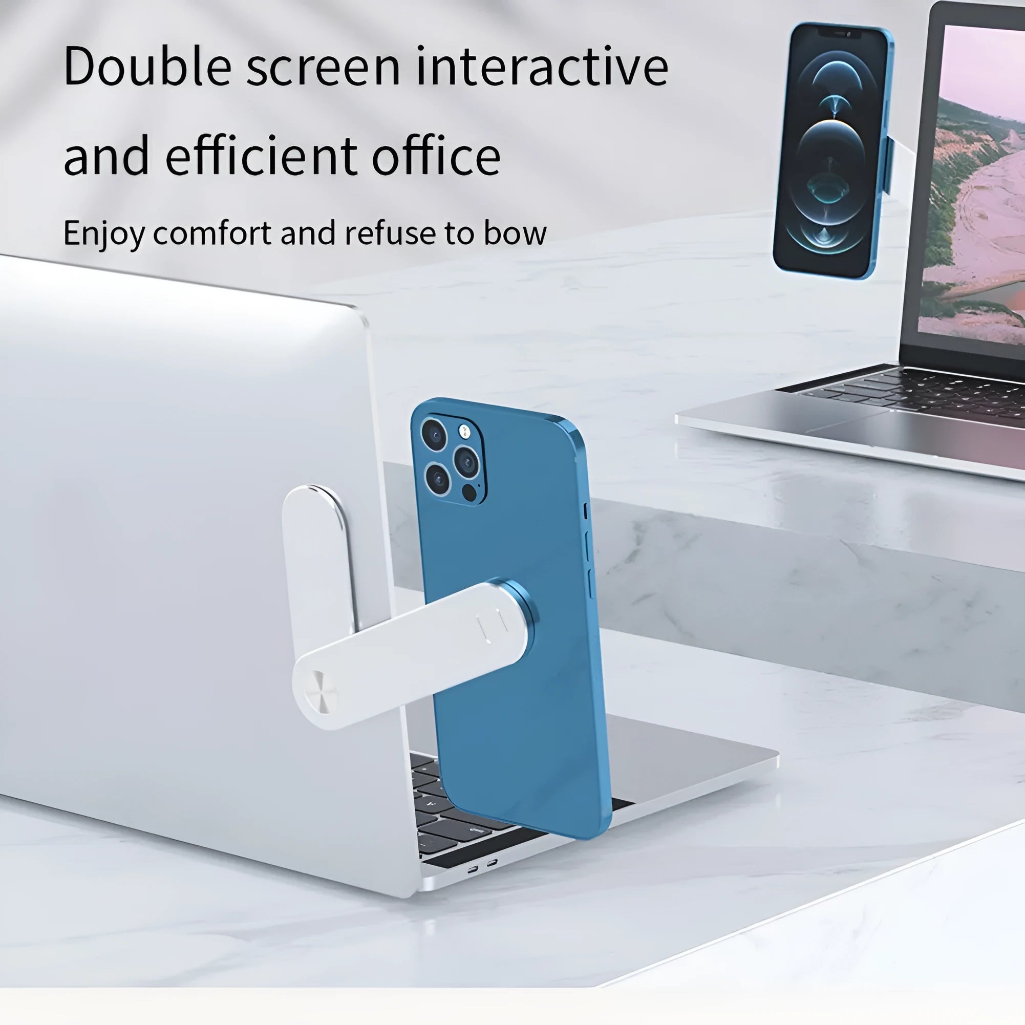Black aluminium laptop phone holder with magnetic mount attached to computer monitor