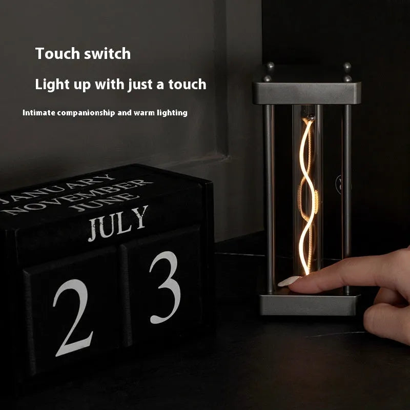 Metallic gray USB rechargeable night light with curved wire, 68x68x159mm