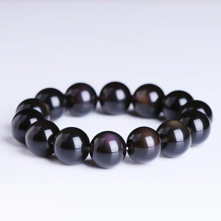 Natural icy obsidian Pi Xiu bracelet with double eye ice stone beads in geometric ethnic style available in multiple sizes