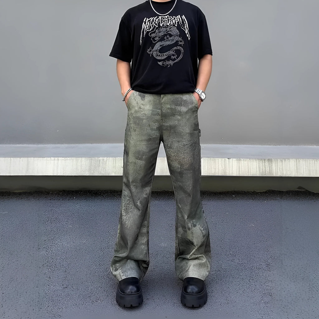 Men's straight leg jeans with retro camouflage pattern on cotton denim fabric
