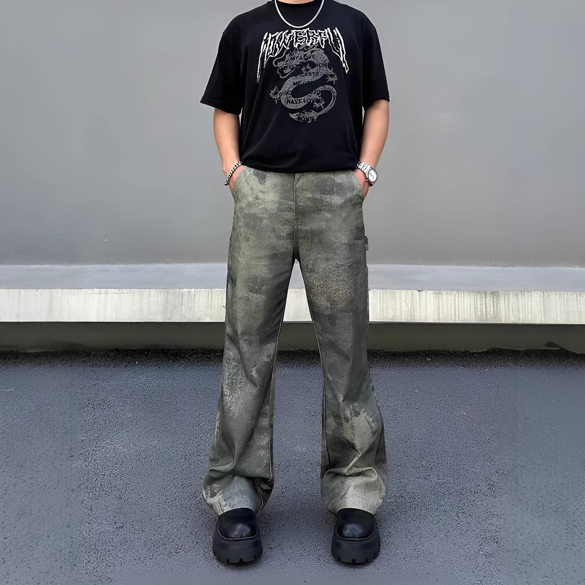 Men's straight leg jeans with retro camouflage pattern on cotton denim fabric