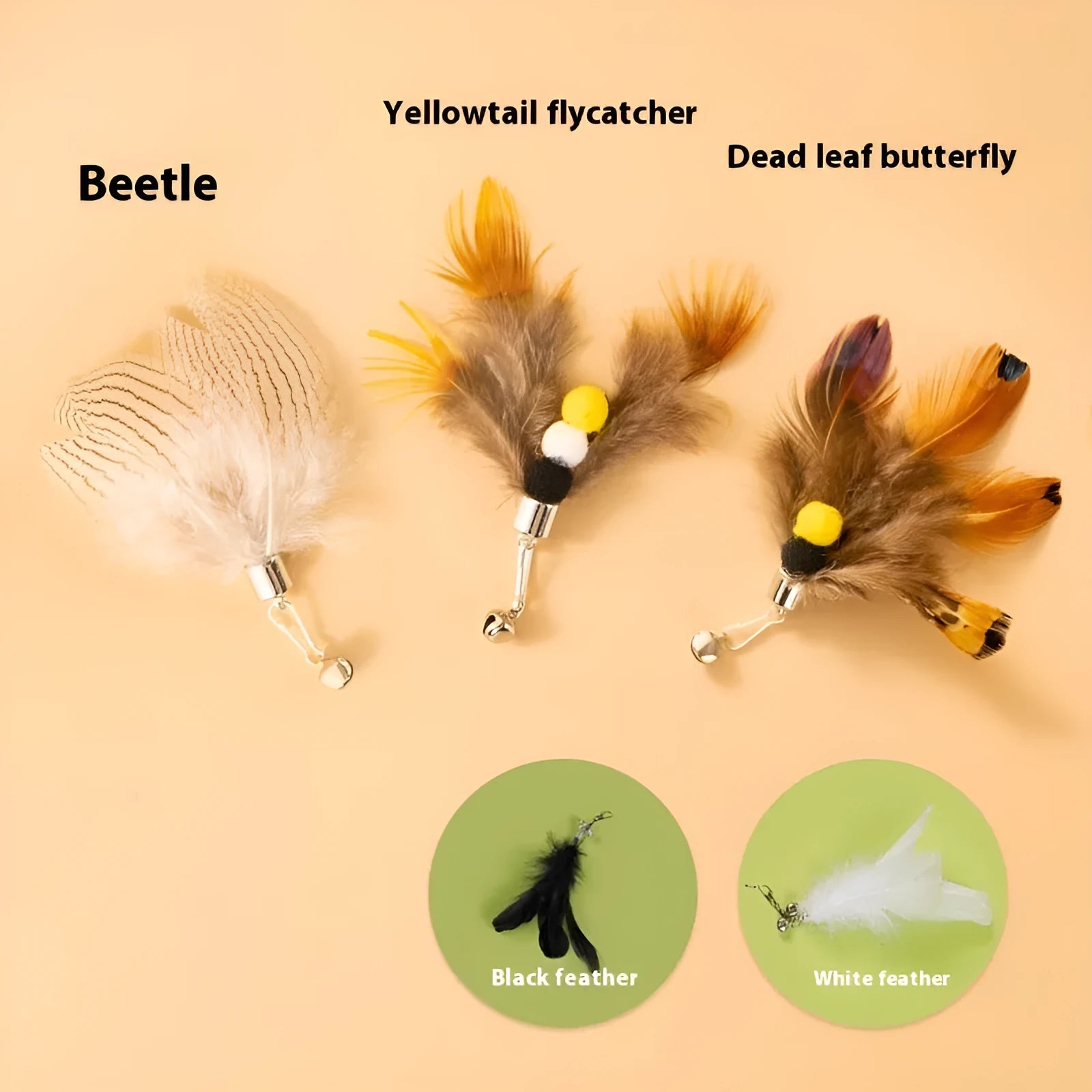 Three steel wire cat toy replacement heads shaped like small flying insects in assorted colours.
