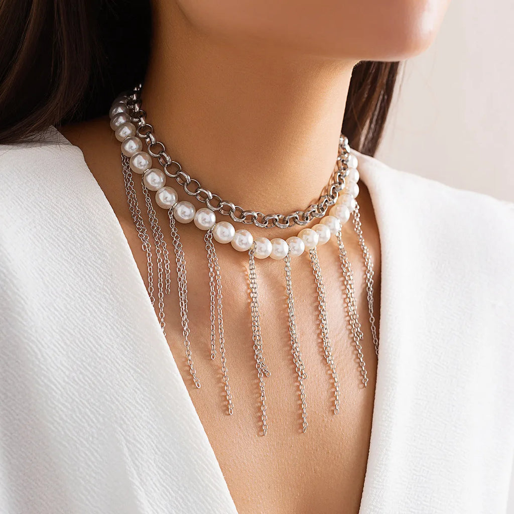 Double-layer retro necklace with imitation pearls, geometric iron pendant, tassel chain, and ball bead chain in White K finish