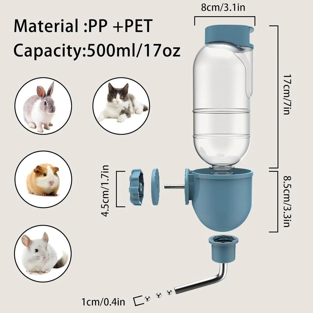 Blue small animal water bottle for cage with rotating nozzle and stainless steel ball
