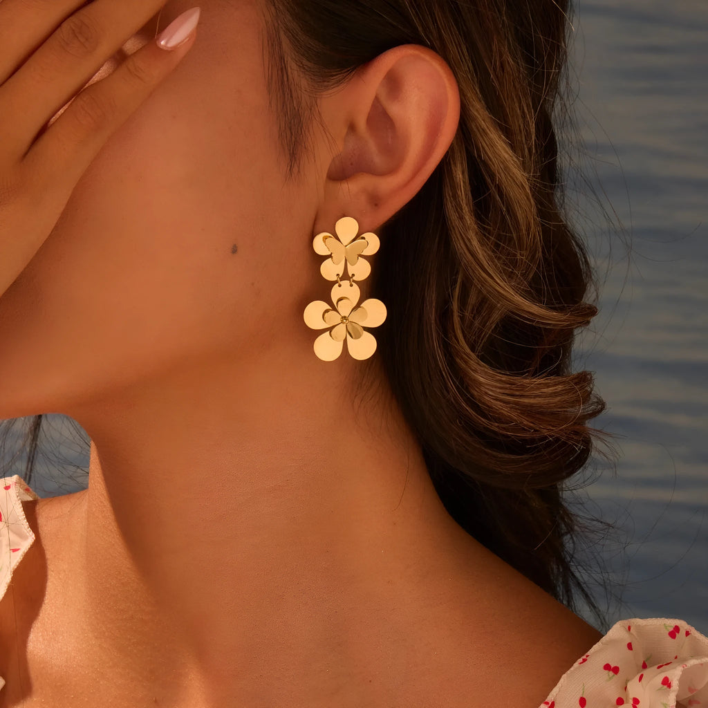 Gold butterfly earrings with floral design for women, stainless steel with 18K electroplating