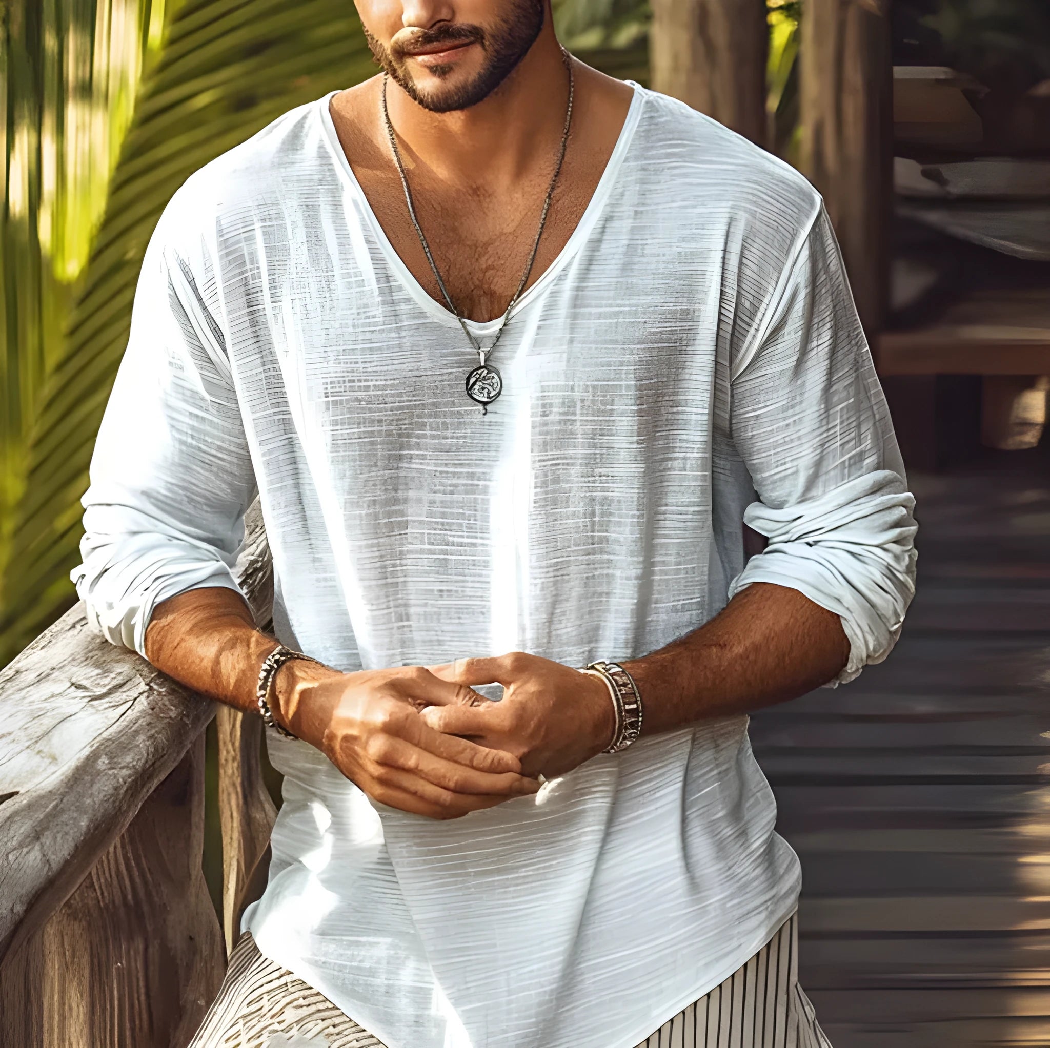 Beige men's V-neck long-sleeved slim fit T-shirt made from hemp blend fabric.