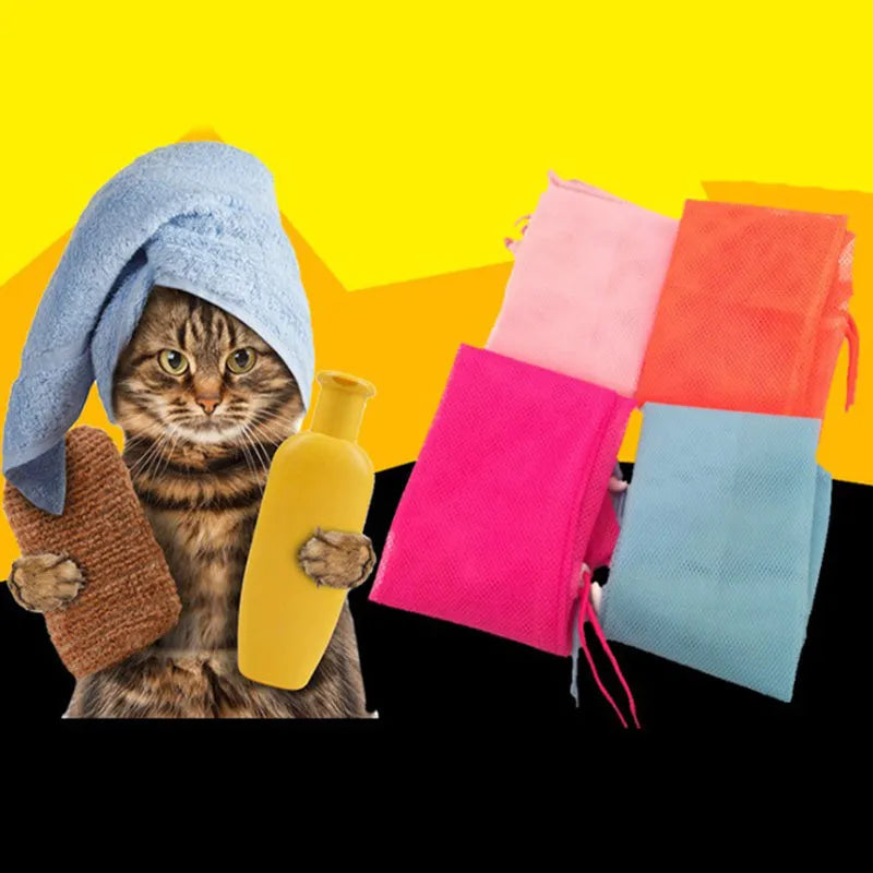 Soft polyester mesh cat grooming bag with front zipper, lightweight design, available in blue, orange, pink, rose red, yellow