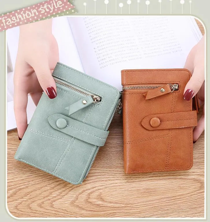 Vegan woman faux leather short wallet with zipper closure in solid colour, showing interior with bill and card compartments
