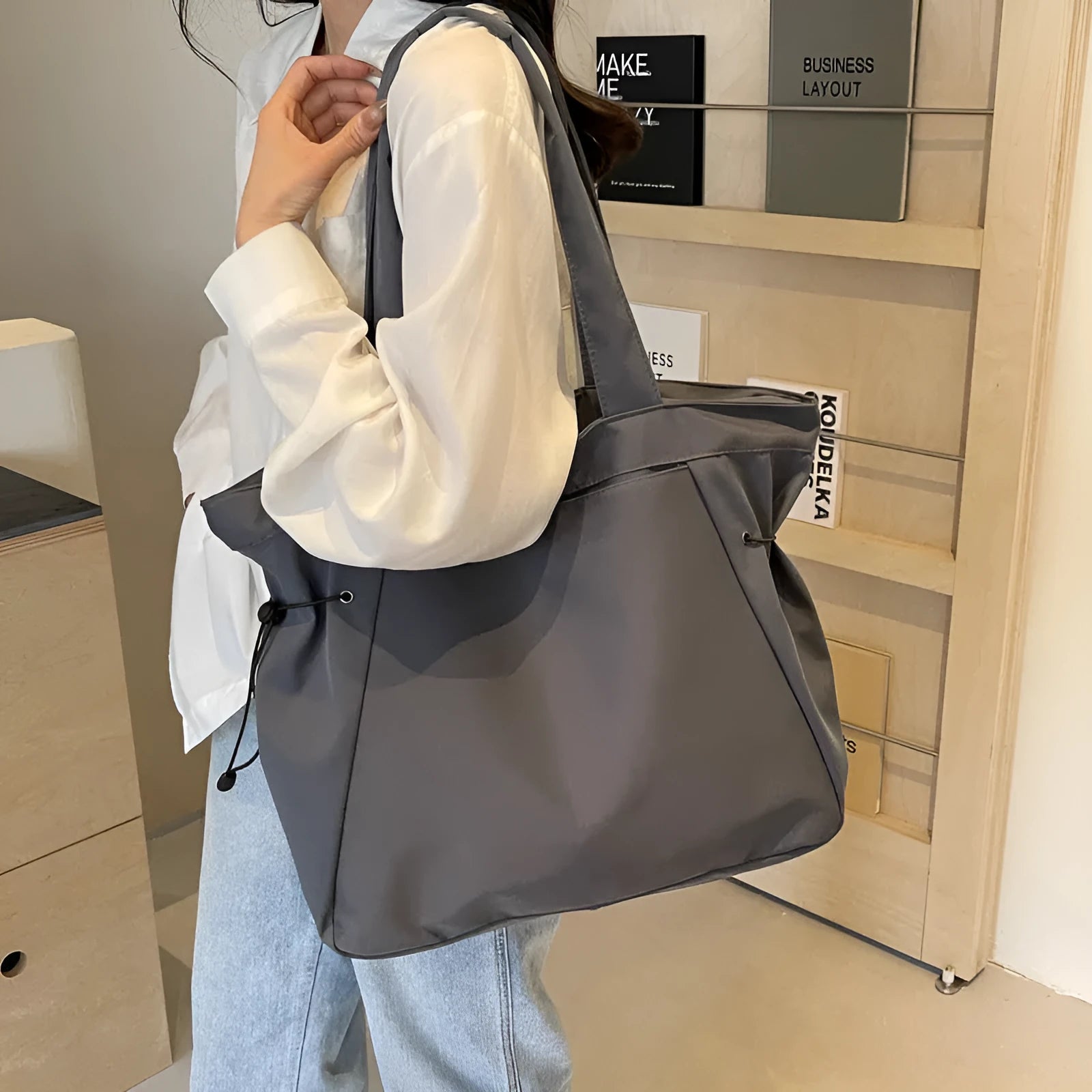 Oxford cloth commuter tote bag in folding design with shoulder straps