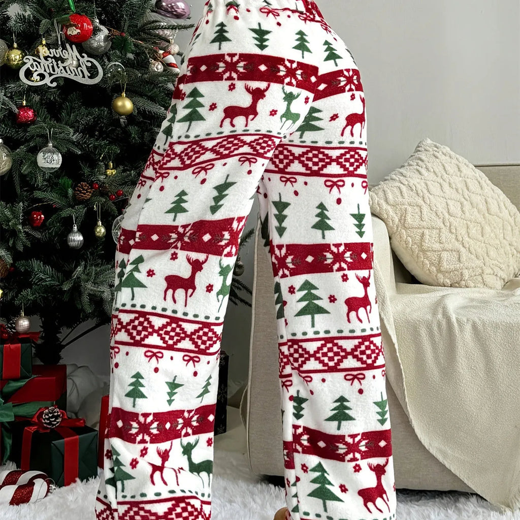 White floral print loose straight trousers for women, polyester fibre, Christmas plush style