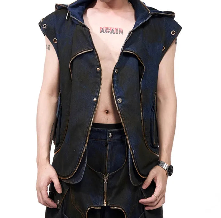 Blue heavy industry style hooded denim vest coat with matching trousers laid flat.