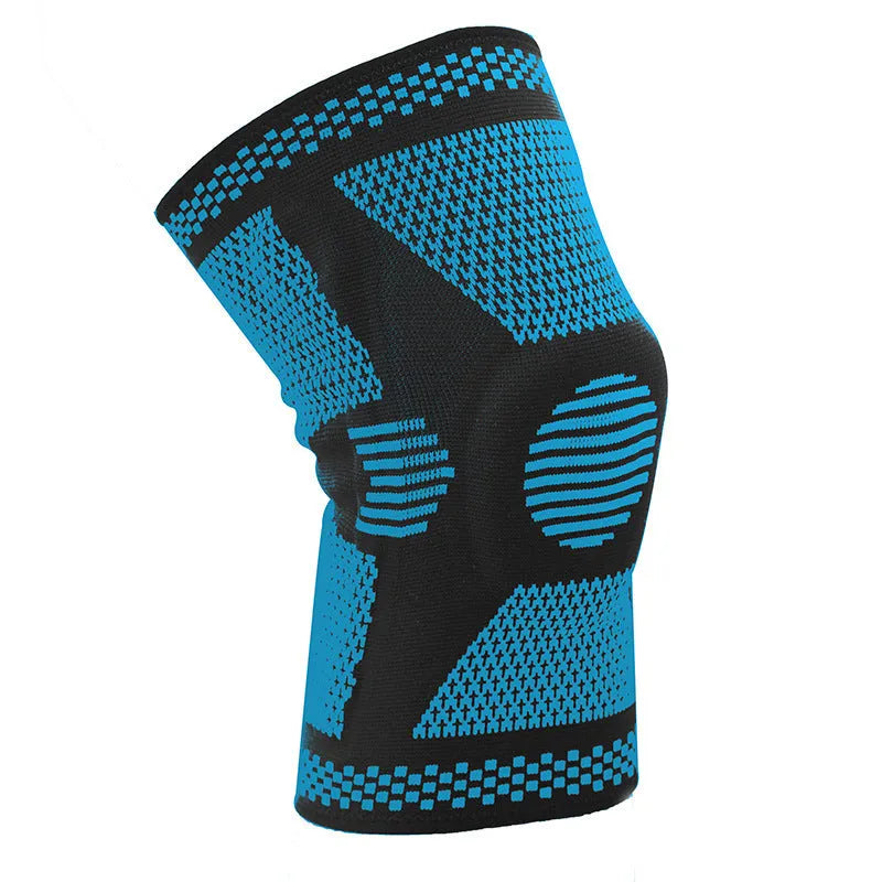 Sports fitness silicone spring knee pads in green, blue, orange, and white colours showing polyamide construction and knee support mechanism