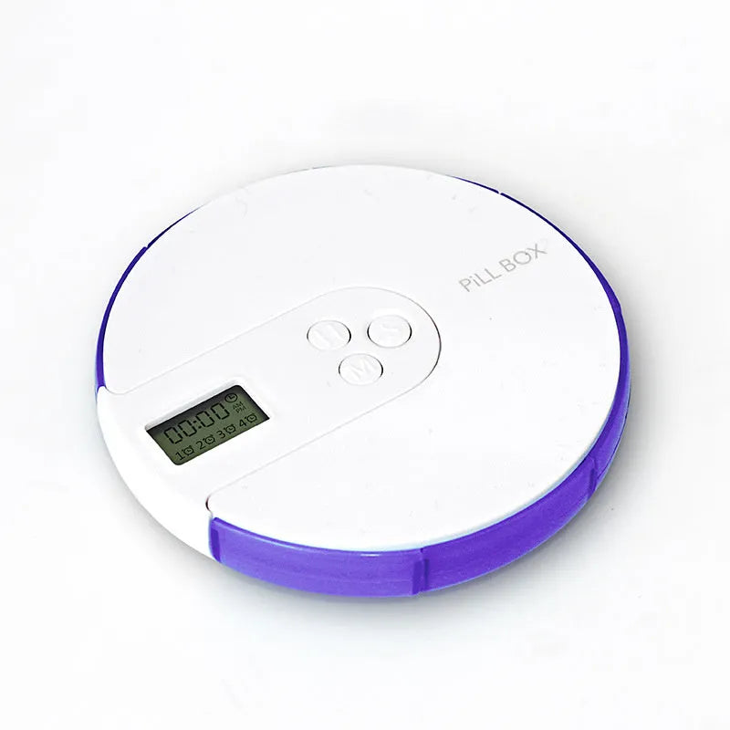 7-compartment alarm clock pill dispenser showing colourful options and compact 11 cm design