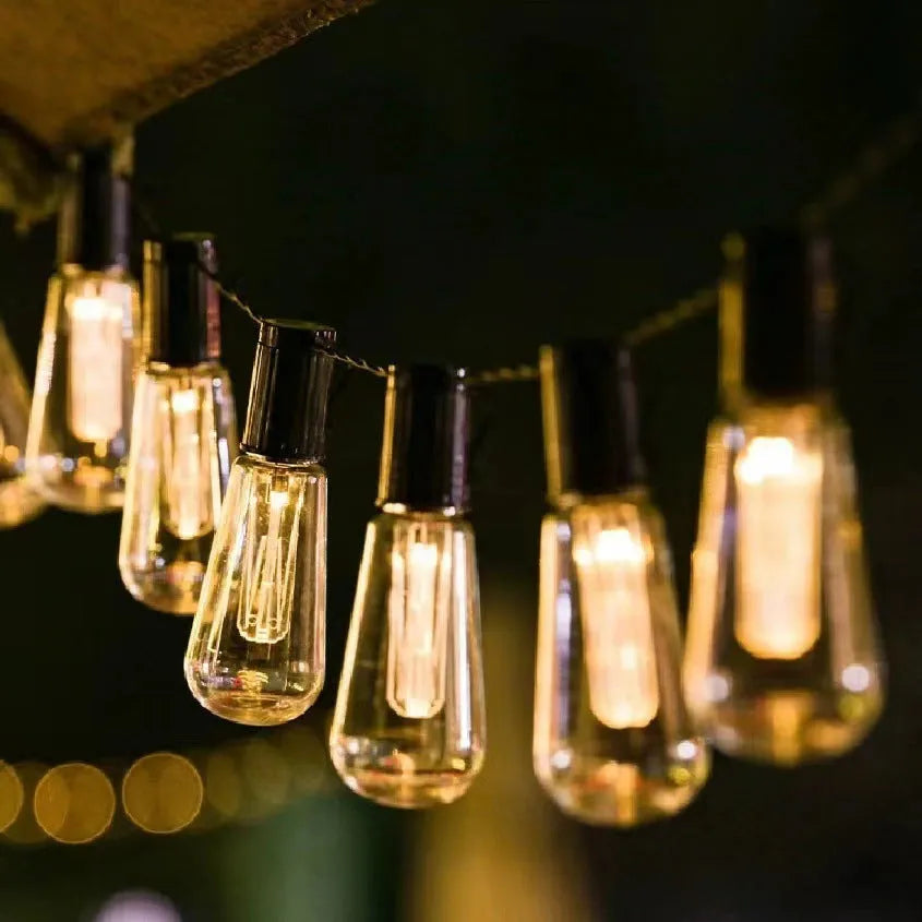 10 metre long retro infusion bottle bulb solar string lights for outdoor garden decor.