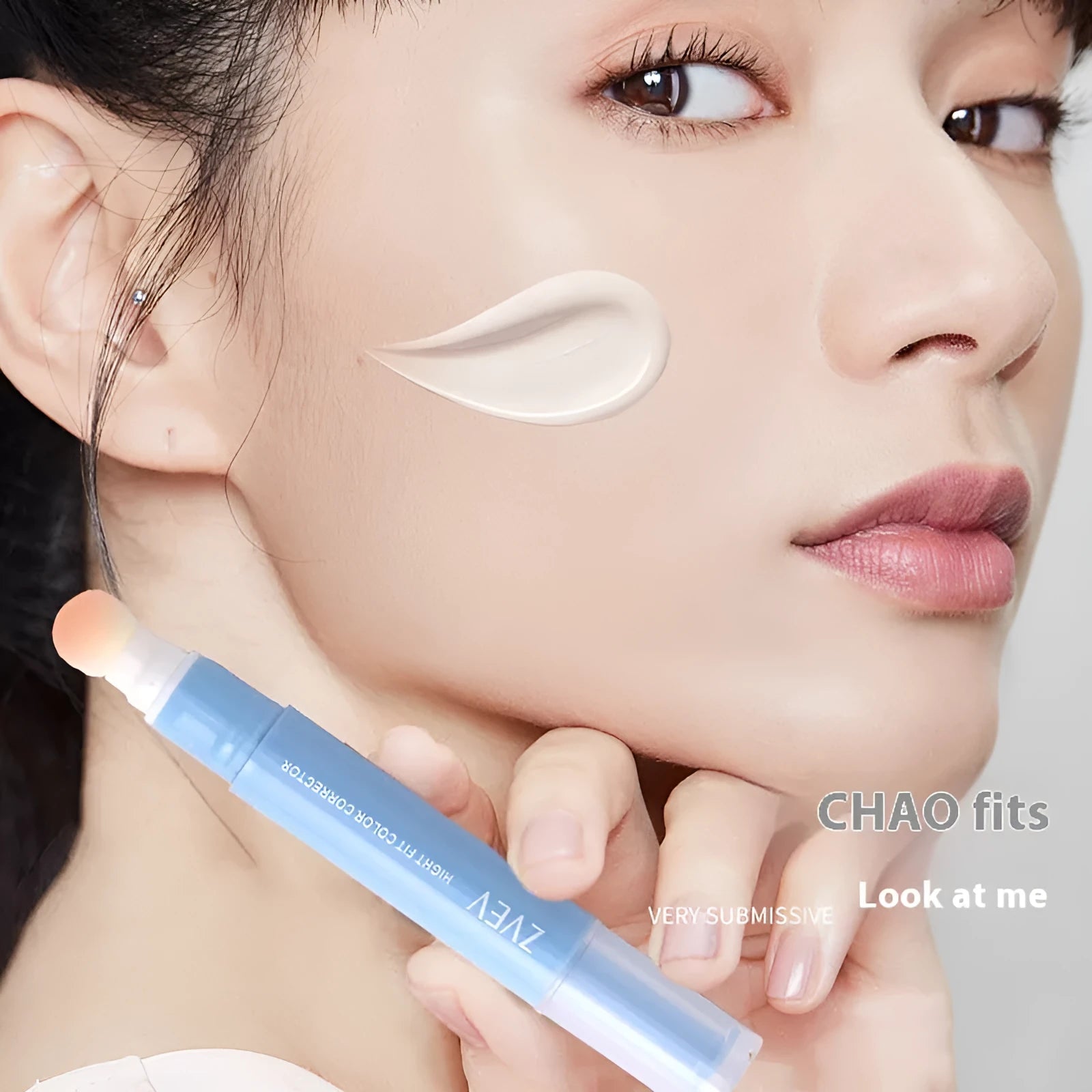Sponge brush head concealer cream tube in three shade options for clothing imperfections.