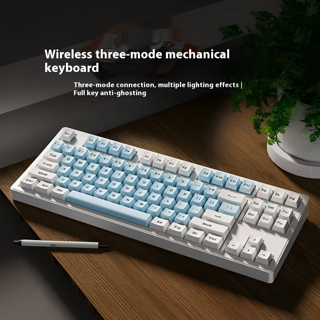 Mechanical keyboard with three connectivity modes in blue and white colour matching design
