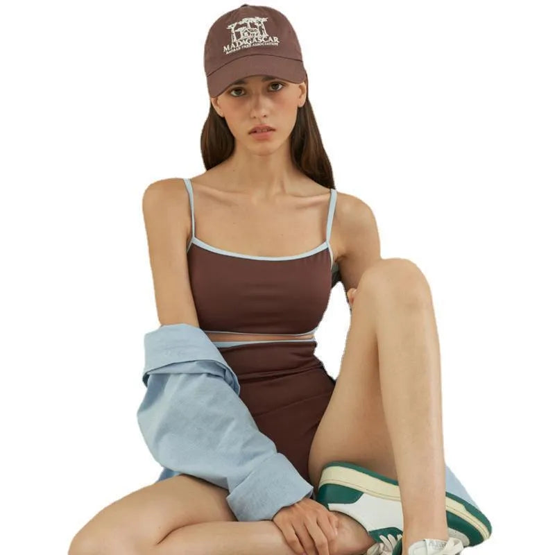 Brown women's one-piece swimsuit with triangle top design