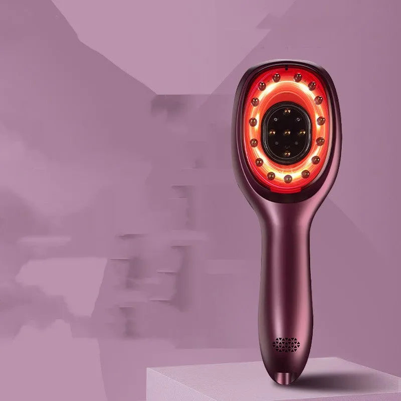 Red and blue LED hair growth comb with USB charging cable, available in pink, purple, and white colours, 82x235x41mm