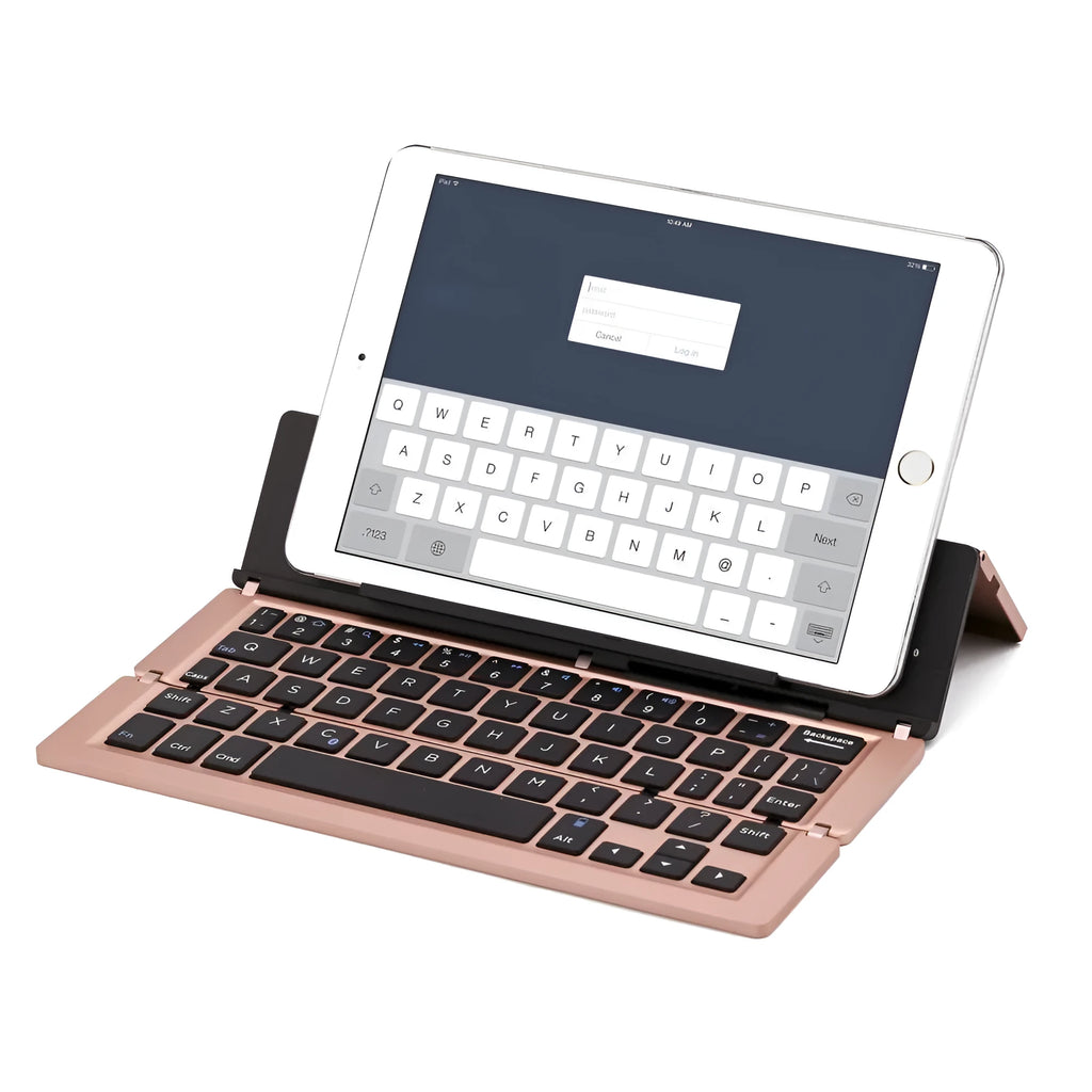F18 three-fold folding aluminium alloy Bluetooth keyboard in golden, expanded view showing 58 keys