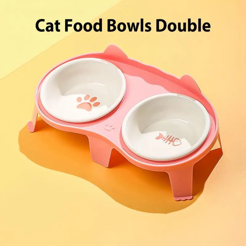 Ceramic cat food and water bowl set on elevated stand with storage hook in blue colour