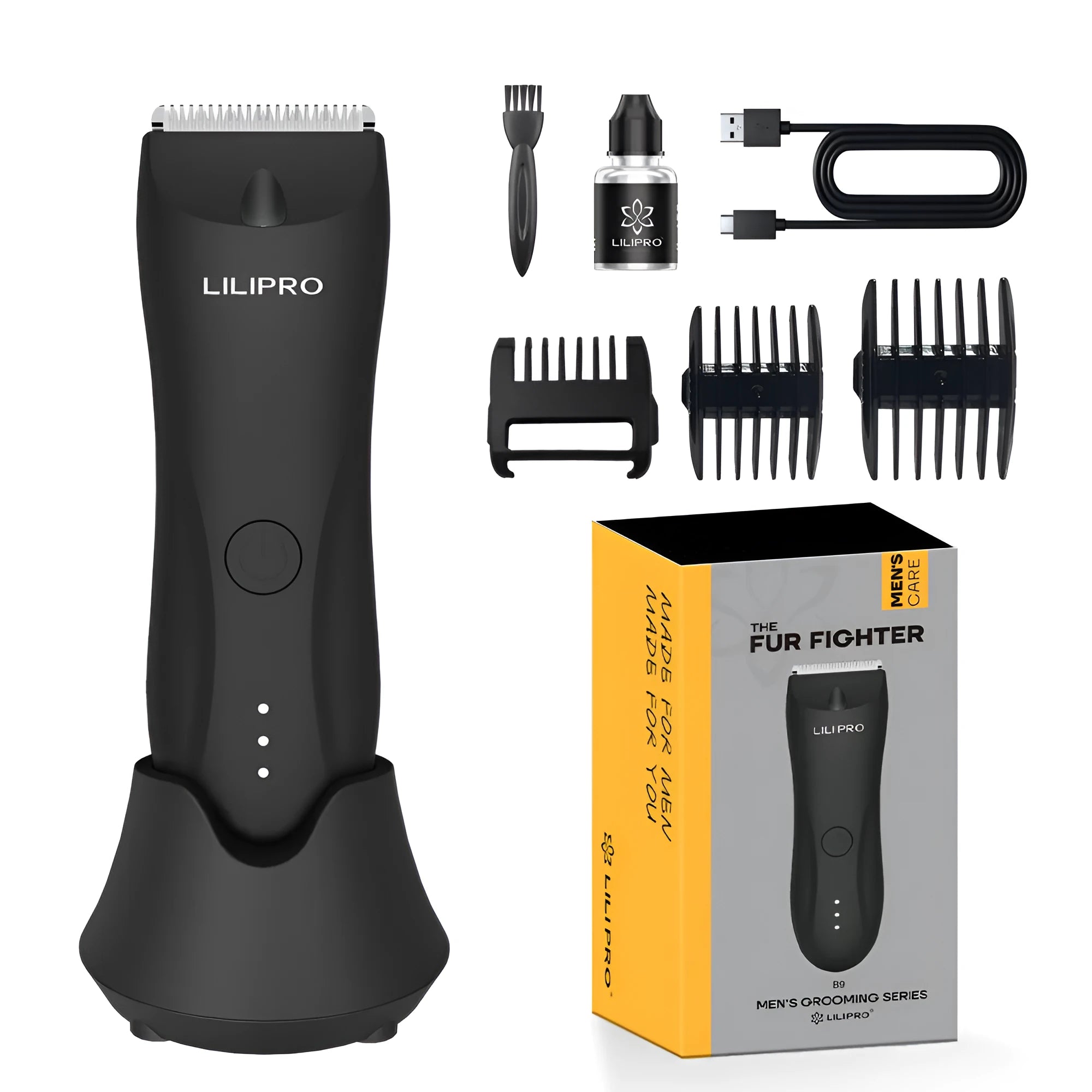 Black home waterproof electric hair clipper by LILIPRO for full-body hair removal with USB charging and limit combs