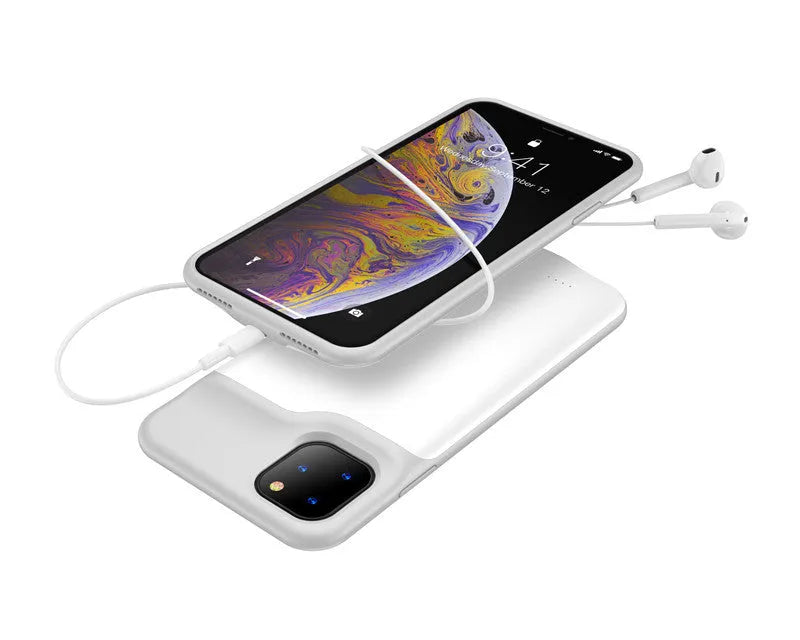 Shockproof silicone iPhone battery charger case in black, blue, pink, or white showing extra power capacity.