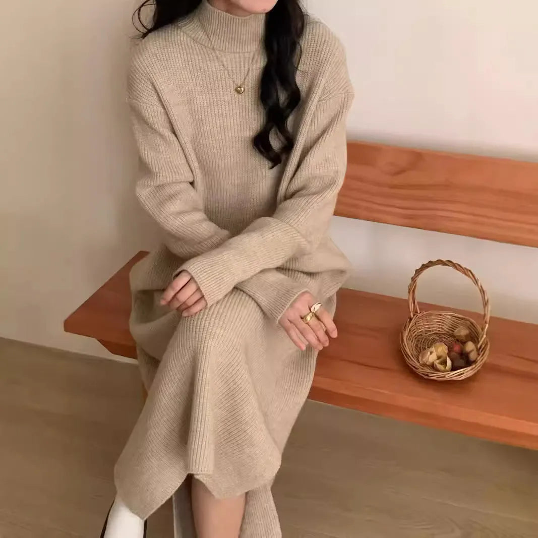 Acrylic knitted dress with high waist, long sleeves, and mid-length skirt in commuting style