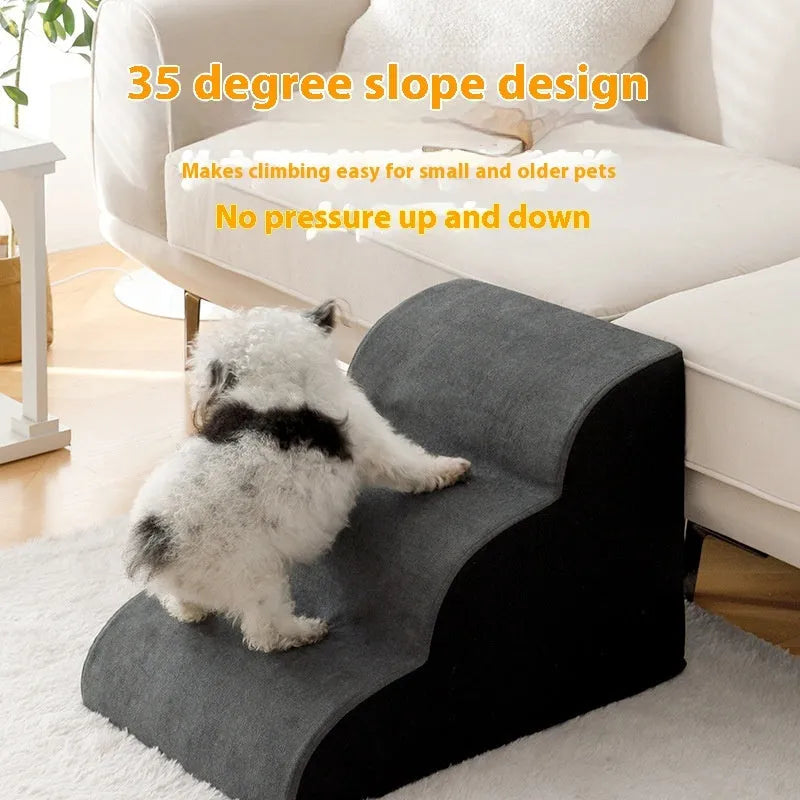 Pet removable and washable wooden dog stairs in brown, three-tier 30cm height, for small dogs accessing a bed