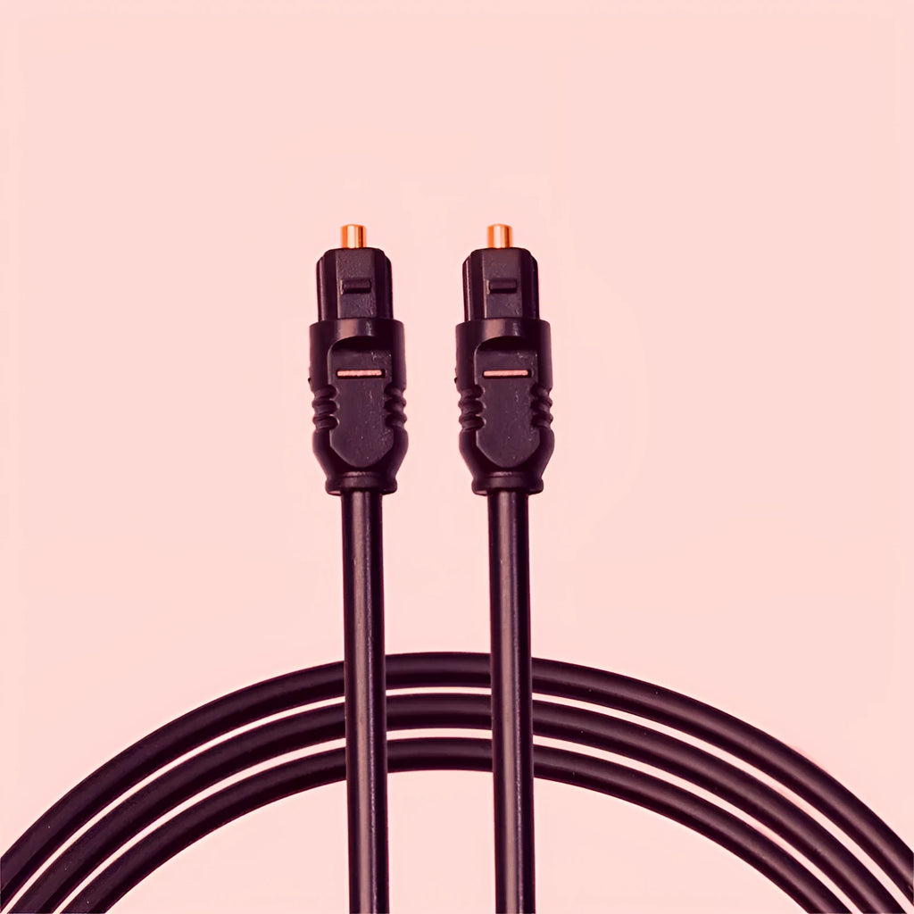 Black 2-metre digital optical Toslink audio cable with square connectors on opposite ends.
