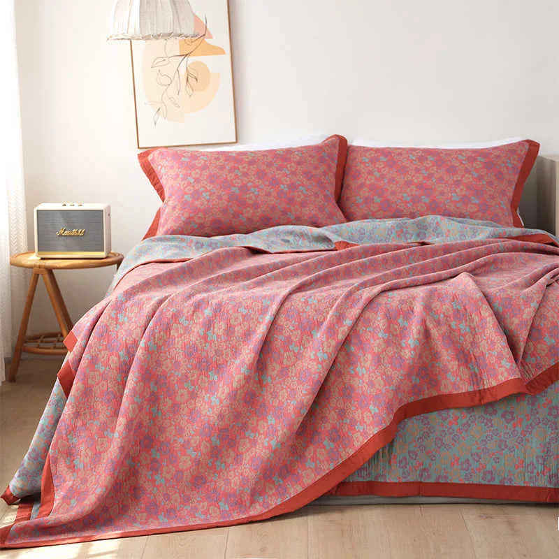 Cotton gauze bed blanket three-piece set with floral pattern in three size options