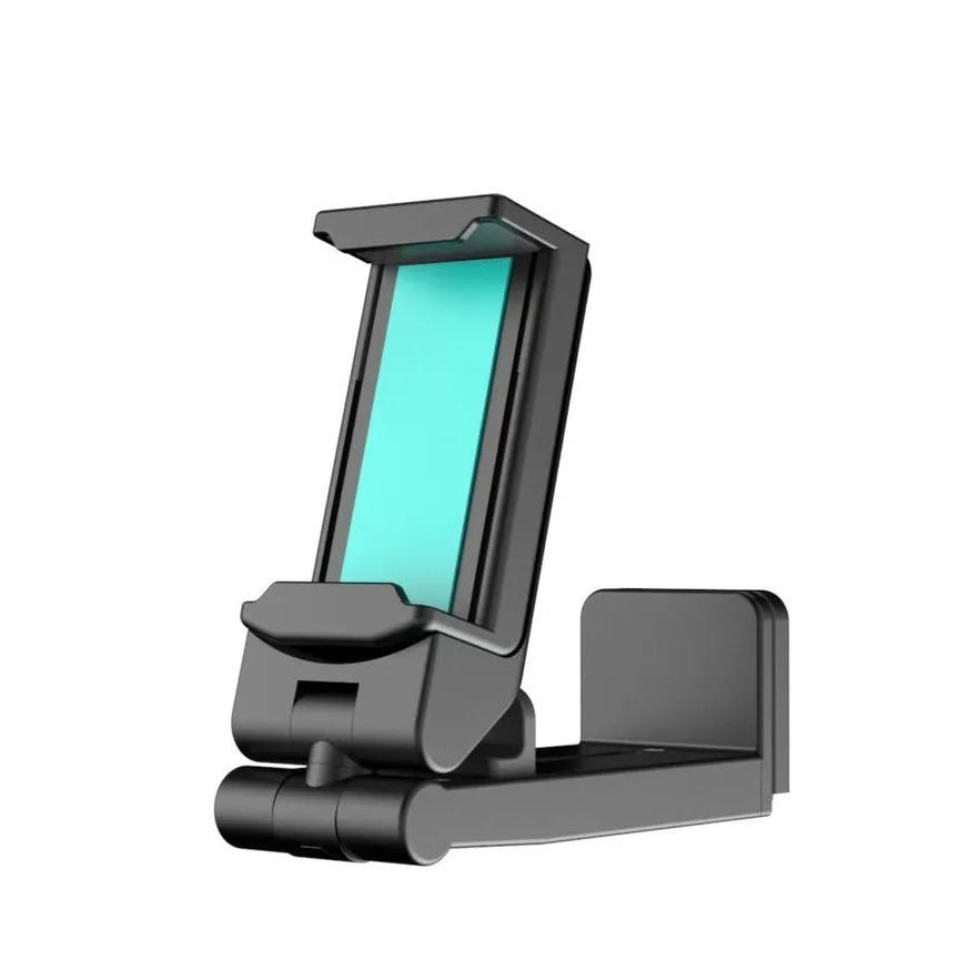 Foldable rotating phone holder in black with mobile phone attached showing adjustable angle mechanism