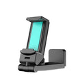 Foldable rotating phone holder in black with mobile phone attached showing adjustable angle mechanism