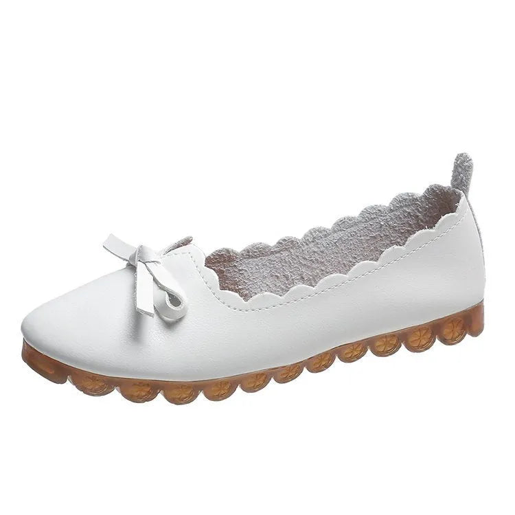 Korean style women's shallow mouth slip-on pumps in apricot, round toe, low heel, rubber sole