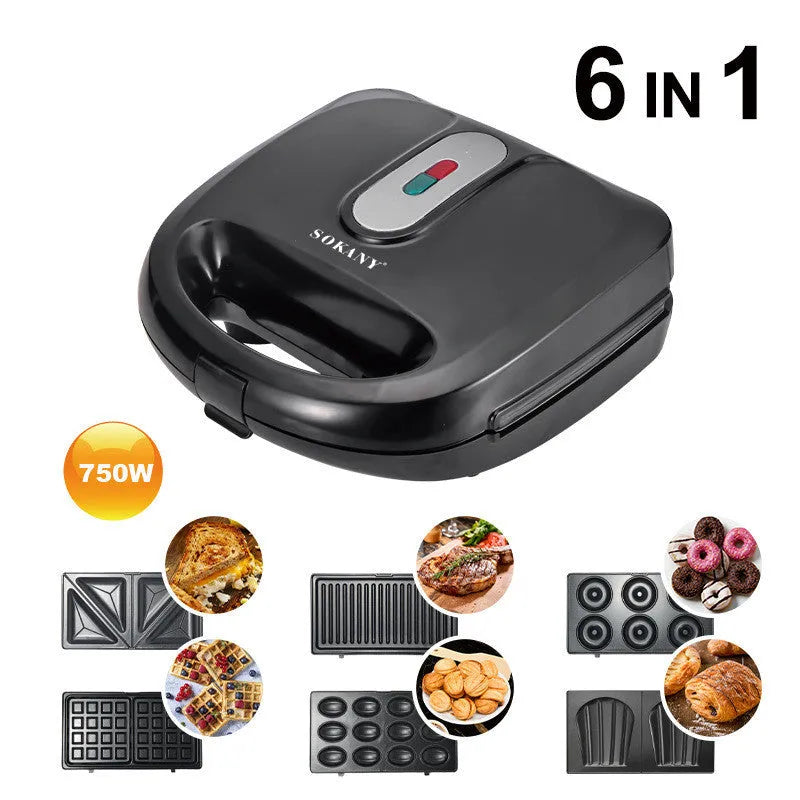 Black double-sided electric sandwich pan with non-stick plates and brushed stainless steel lid