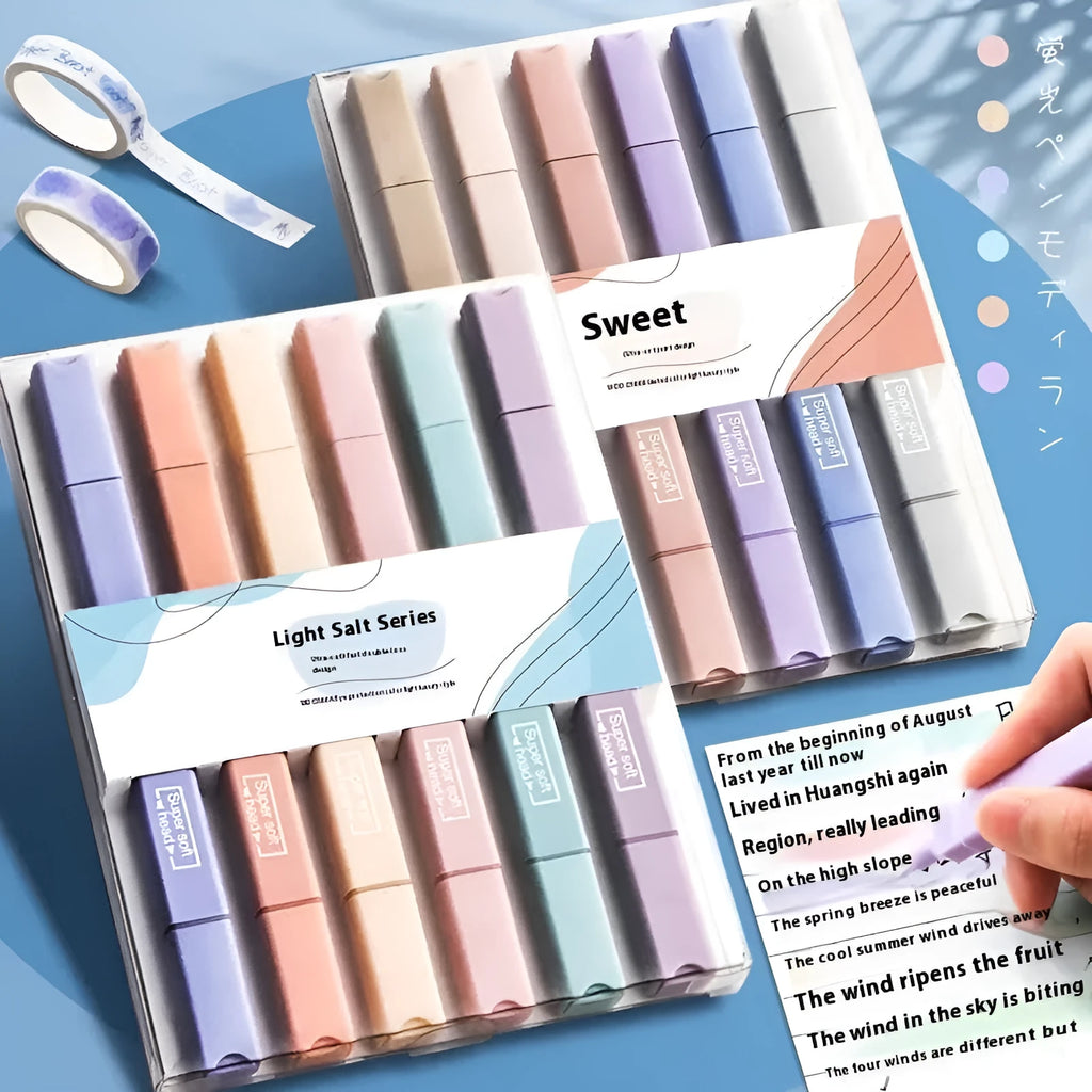 A pack of double-headed fluorescent marker pens showing their two distinct tips, available in mixed colours or themed sets.