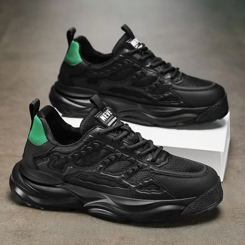 Men's white and black breathable PU mesh casual trainers with round toe.