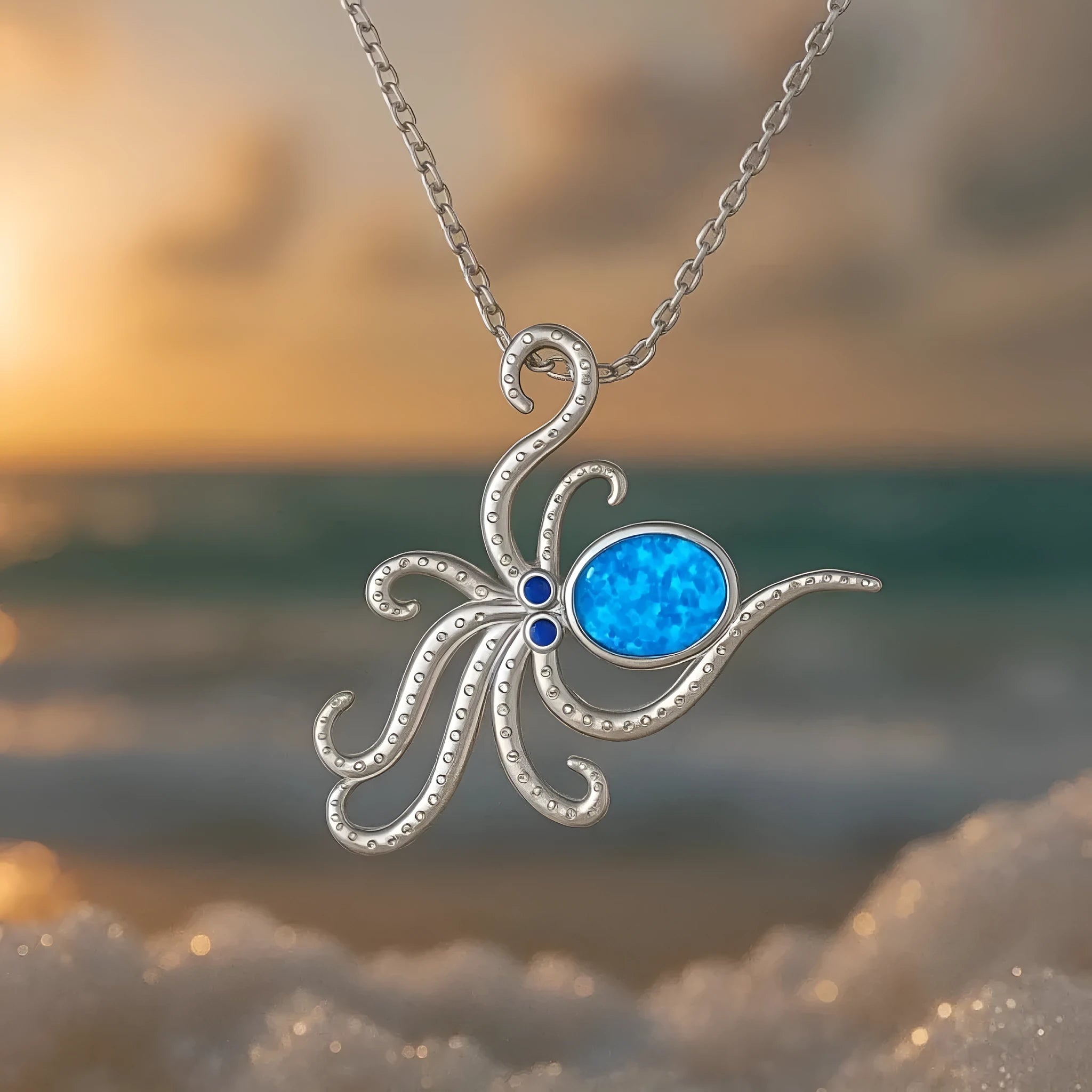 Hawaiian style octopus opal necklace with geometric pendant and stainless steel chain