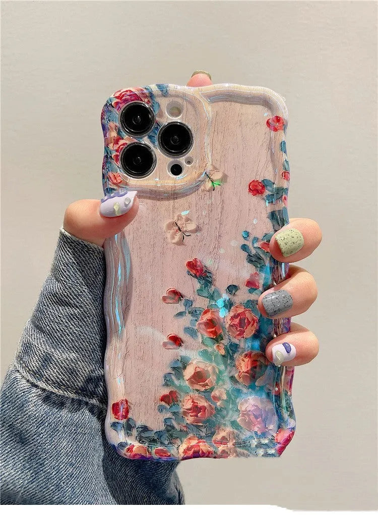 Advanced Art Oil Painting Flower Phone Case with twisted edge and blue light effect, compatible with iPhone models