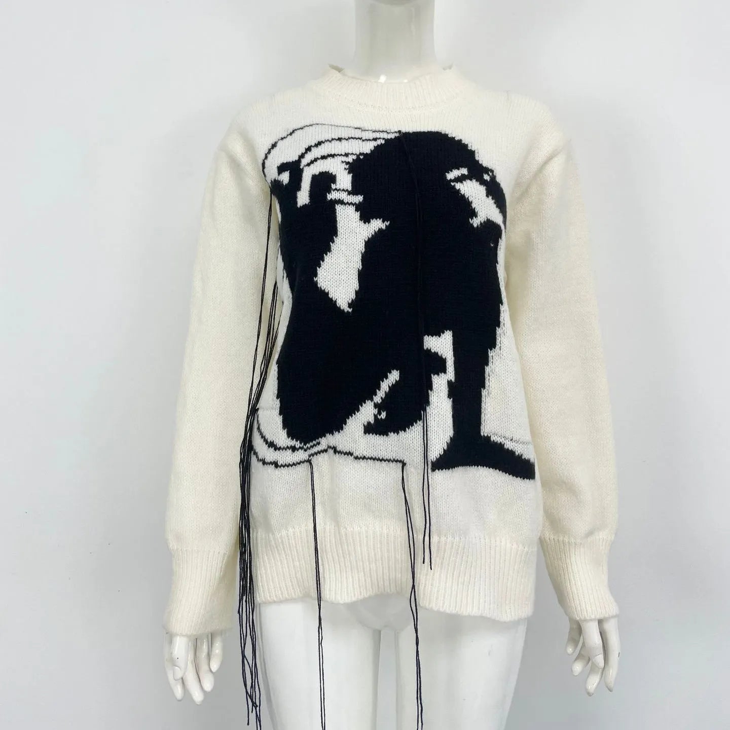 Women's alpaca wool loose fit sweater with tassel design in grey colour