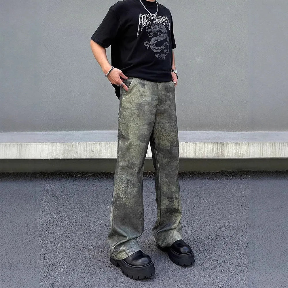 Men's straight leg jeans with retro camouflage pattern on cotton denim fabric