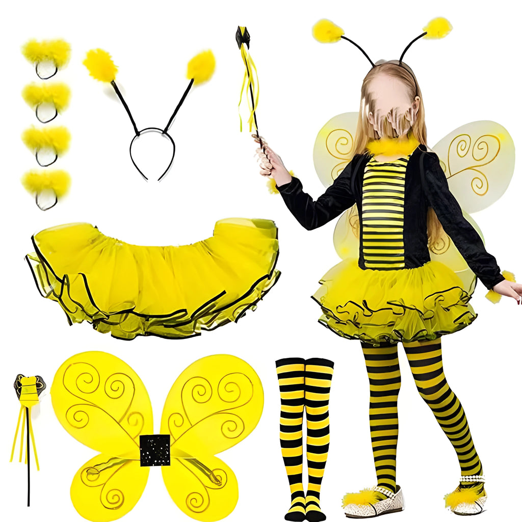 Bee insect wings tutu skirt magic wand set with mesh fabric, free size, for Halloween carnival costume