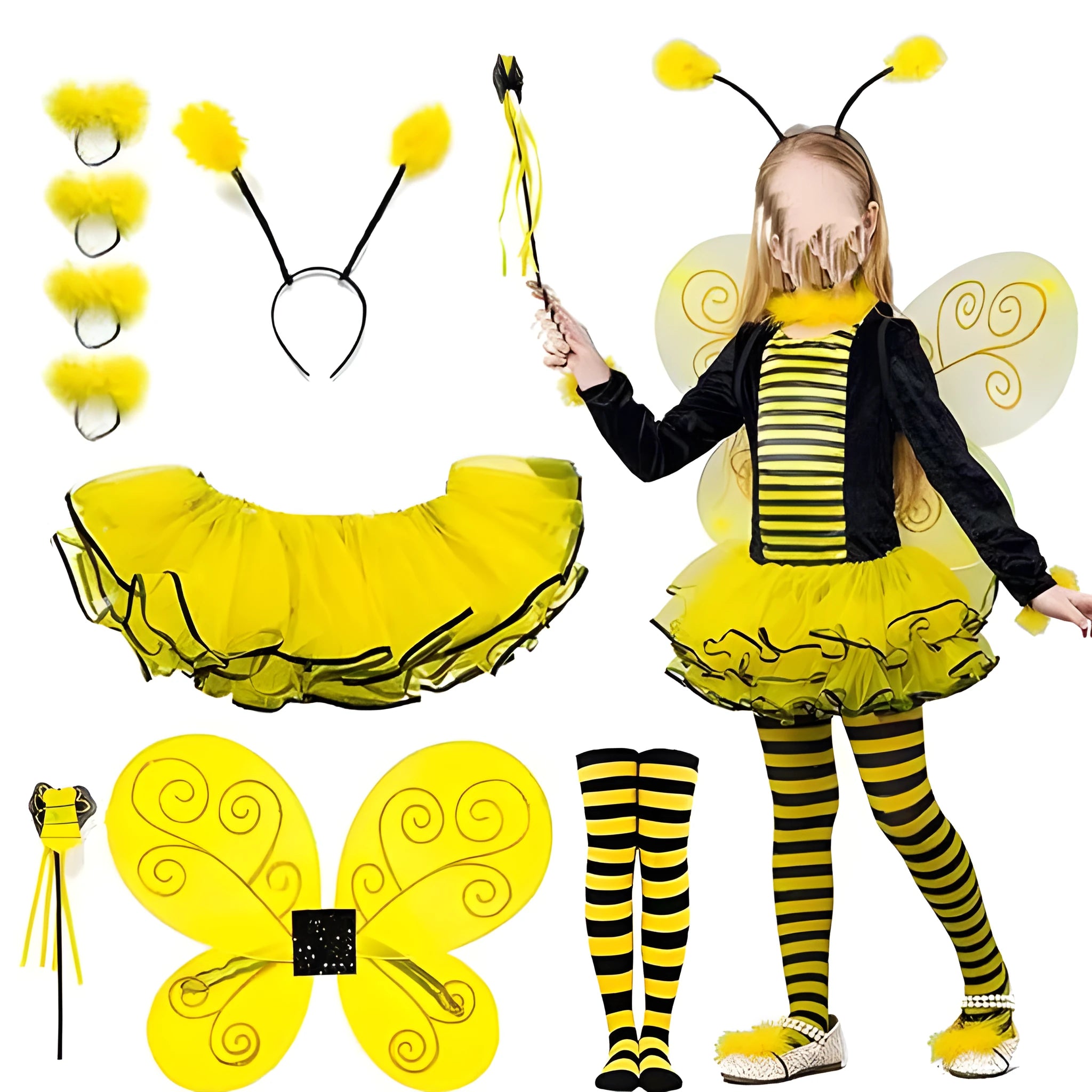 Bee insect wings tutu skirt magic wand set with mesh fabric, free size, for Halloween carnival costume