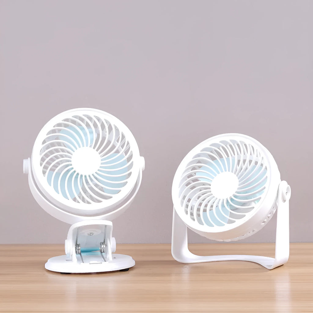 USB portable desk fan with brushless motor in clip and floor standing configurations