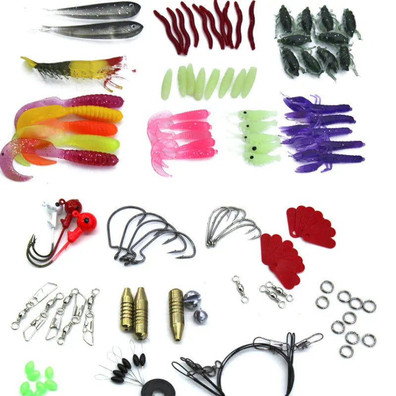 132-piece fishing lure set with plastic soft baits and high-carbon steel hooks in rose red colours