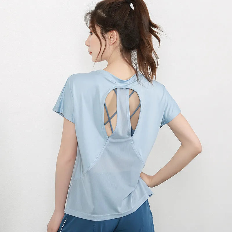 Women's short sleeve sports T-shirt in pink colour for yoga and running activities